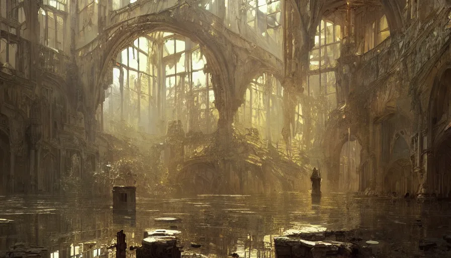 Image similar to a beautiful intricate painting of a abandoned dungeon, reflections, very high details by william turner art, greg rutkowski and alphonse mucha, trending on artstation, very very detailed, masterpiece,