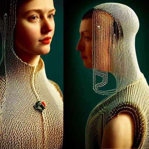 Prompt: hyperrealism photography in caravaggio style quntum computer simulation visualisation of parallel universe sitcom scene with beautiful detailed ukrainian woman kniting with detailed face wearing ukrainian traditional shirt and wearing retrofuturistic sci - fi neural interface designed by josan gonzalez. hyperrealism photo on pentax 6 7, by giorgio de chirico volumetric natural light rendered in blender