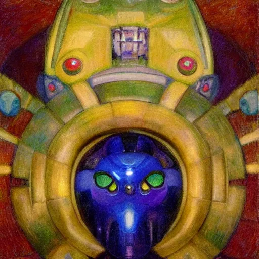 Image similar to painting of a bejeweled robot cat head, by annie swynnerton and diego rivera and nicholas roerich and jean delville, symbolist, dramatic lighting, god rays, elaborate geometric ornament, art brut, rich colors, smooth, sharp focus, extremely detailed, adolf wolfli and ( donato giancola )