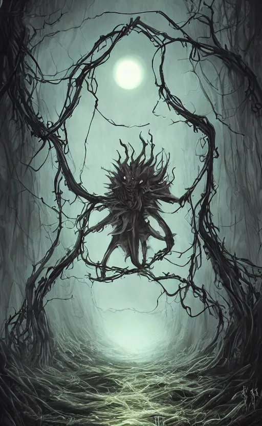 Image similar to fantasy monster concept art, a jack o lantern monster with vines for a body walking down a street of nightmares, dynamic lighting, photorealistic, trending on art station, stunning visuals, creative, cinematic, ultra detailed, atmospherical, ambient lighting, scary art, eery art