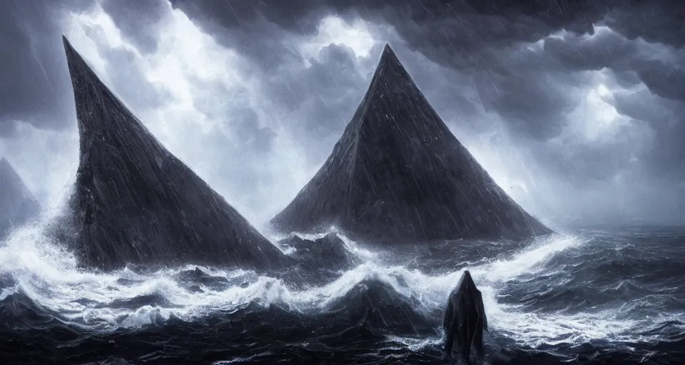 Prompt: black lovecraftian eldritch!! obsidian pyramid!! with a man standing on top of it on a snowy island, raging stormy seas, shadow of a creature in the background by eugene von guerard, ivan shishkin, night, red lightning!!, storm!, dramatic lighting, concept art, trending on artstation, 8 k