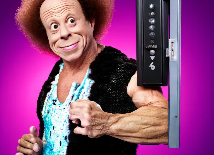 Image similar to a scene from a 2 0 2 2 s black phone, richard simmons is in spandex ringing a doorbell, grindhouse, folk horror, hauntology, 8 k, 8 5 mm f 1. 8, studio lighting, rim light, right side key light