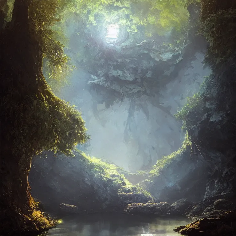 Image similar to A beautiful, highly detailed, very realistic oil painting of a single tree with rainbow leaves, next to a small river, glowing bright blue in the middle of a huge, very dark cave, with lots of dark grey rocks, oil painting by Greg Rutkowski.