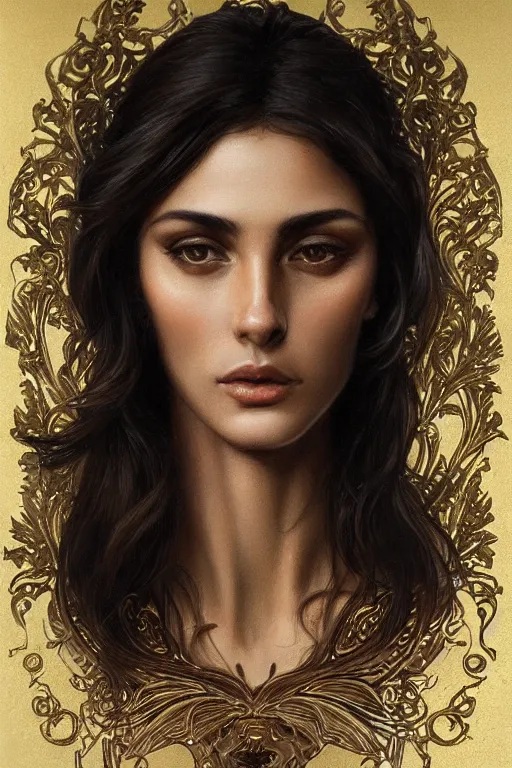 Prompt: Portrait of a Italian Supermodel, olive skin, long dark hair, beautiful bone structure, intricate, elegant, realistic face, highly detailed, digital painting, artstation, concept art, smooth, sharp focus, illustration, art by artgerm and greg rutkowski and alphonse mucha, embossed in gold leaf on black paper