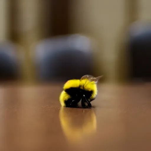 Prompt: a photo of a bumble bee in a court room surrounded by other incects awaiting a verdict, 5 0 mm lens, f 1. 4, sharp focus, ethereal, emotionally evoking, head in focus, volumetric lighting, blur dreamy outdoor,