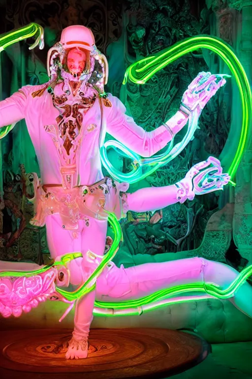 Image similar to fantasy rococo and cyberpunk style white neon statue of a muscular attractive tan male macho dotado android reclining sim roupa con piroca dura, glowing pink face, white baseball cap, green steampunk lasers, emeralds, swirling white silk fabric. futuristic elements. prismatic liquid rainbow light, full-length view. space robots. human skulls. throne made of bones, intricate artwork by caravaggio. Trending on artstation, octane render, cinematic lighting from the right, hyper realism, octane render, 8k, depth of field, 3D