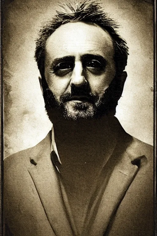 Image similar to richard garriott, portrait, full body, symmetrical features, silver iodide, 1 8 8 0 photograph, sepia tone, aged paper, sergio leone, master prime lenses, cinematic