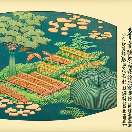 Image similar to 3 d isometric botanical illustration of a small city in an island surrounded by water, diego rivera in ukiyo - e style variation 1, hd