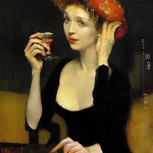 Image similar to portrait of a mysterious woman drinking a martini, by Ilya Repin and Dave McKean