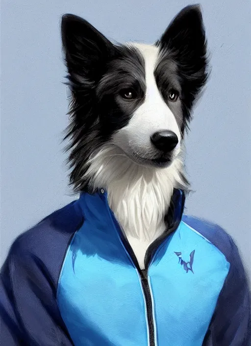 Image similar to beautiful portrait of a cute male anthropomorphic border collie fursona wearing a blue tracksuit in idaho. by charlie bowater, henry asencio, and ross tran. scenic background, detailed, concept art, detailed hands, glamor pose, aesthetic, trending on artstation, top rated on furaffinity and deviantart