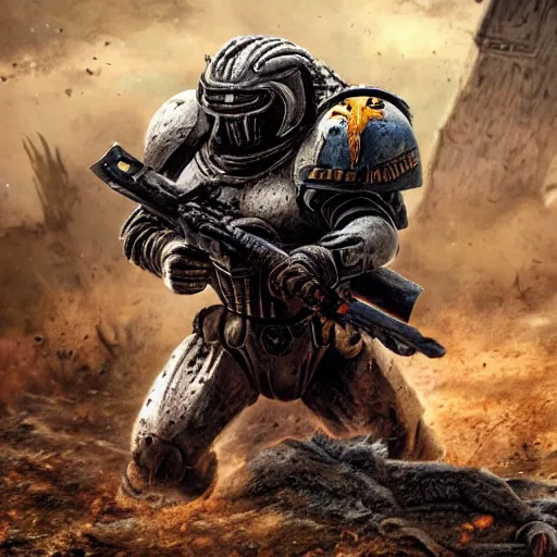 Prompt: The Predator fighting a Space Marine, intense combat, high detail, desolate landscape, trending, masterpiece, high resolution,