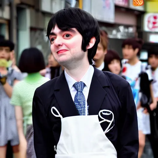 Image similar to cute looking martin shkreli in maid dress photographed at harajuku tokyo street fashion event,