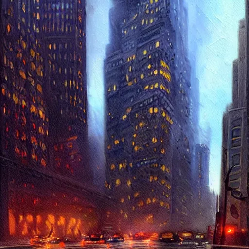 Prompt: a painting of new york city, september 1 1, 2 0 0 1's, ultra - realistic, color, concept art, intricate details, night, thunder, raining, eerie, highly detailed,, dark fantasy, photorealistic, octane render, 8 k, unreal engine 5. art by artgerm and greg rutkowski