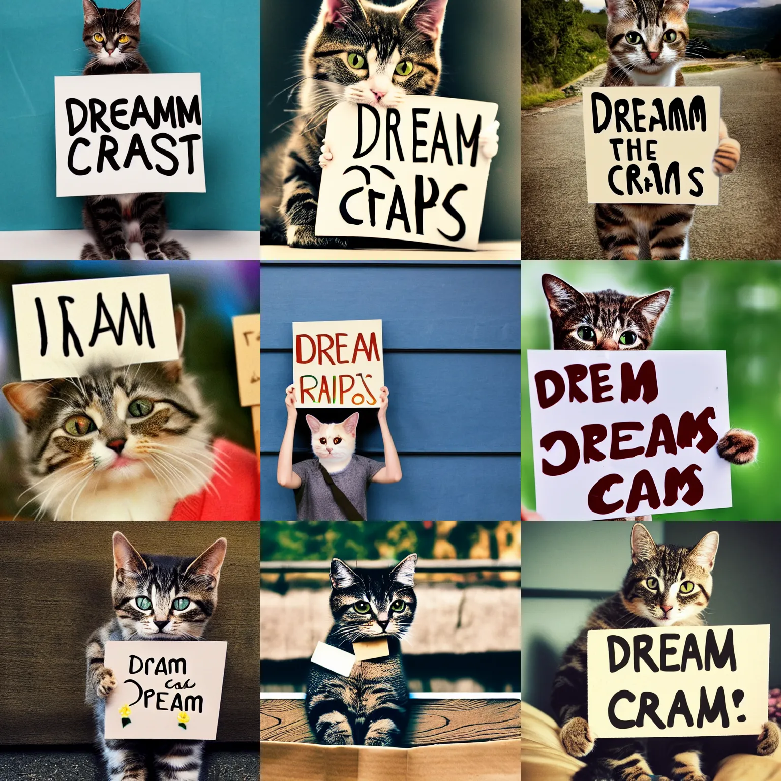 Image similar to realistic high quality photo of a cute cat holding a sign with text that reads : dream cats