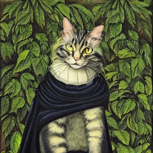 Prompt: a reneissance painting of a maincoon cat among big green leaves, wearing a batman cowl, very detailed, in the style of mantegna