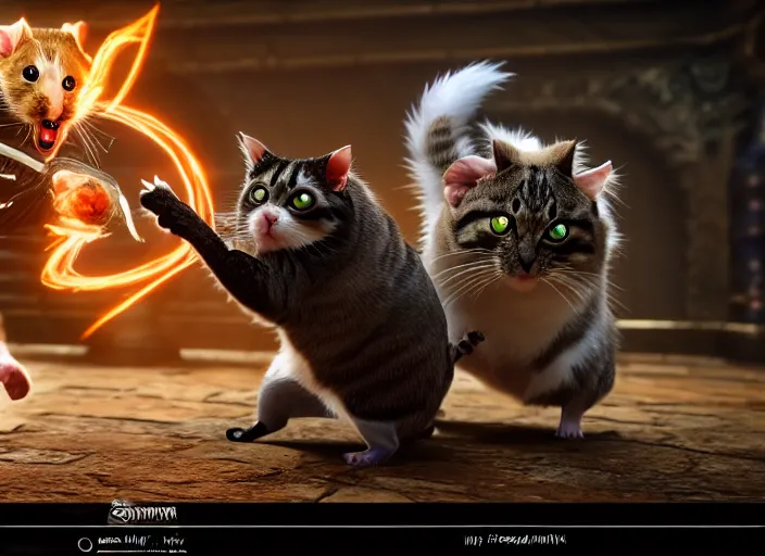 Image similar to hamster fights a cat in mortal kombat on the background of a laughing shao khan. fantasy magic style. highly detailed 8 k. intricate. lifelike. soft light. sony a 7 r iv 5 5 mm. unreal engine with nanite and path tracing