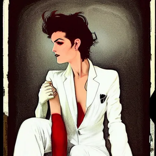 Prompt: stunning portrait of androgynous ruby rose as desire from sandman in a white tuxedo!!!, rockabilly style,, by alphonse mucha, by jeremy mann, by peter lindbergh, dave mckean, by mikko lagerstedt, by frank moth, white suit and black tie, soft lightning, high detailed, 8 k