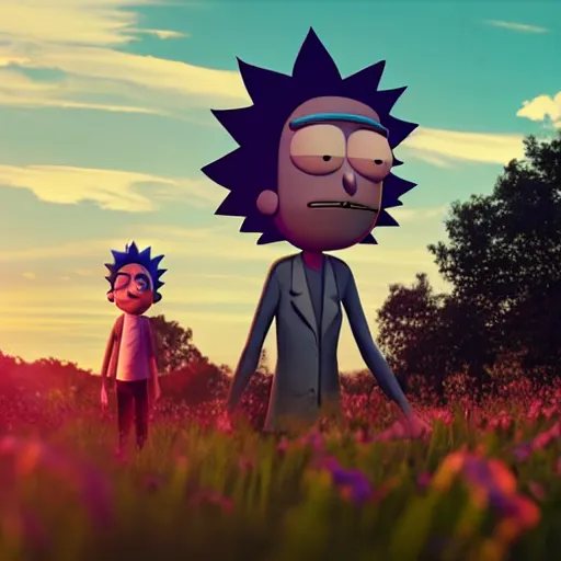 Prompt: realistic portrait of rick sanchez, rick and morty, walking in a field. france, dordogne, hills, ultra high, face to camera, detail, 8 k, sunset, flowers, trees, river, octane render.