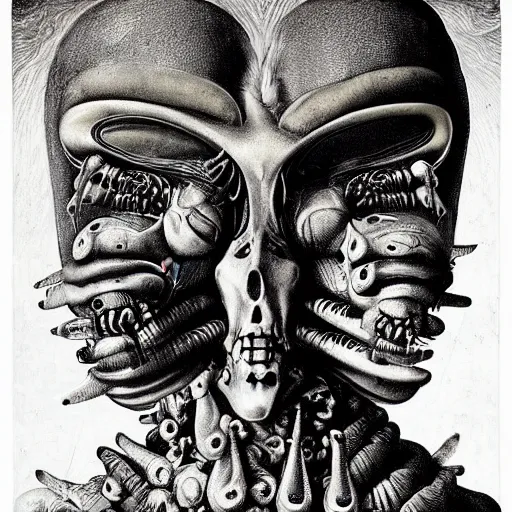 Prompt: post - punk new age pop album cover, asymmetrical design, alien, magic, apocalypse, psychedelic, highly detailed, black white pink, magic, giger h. r., giuseppe arcimboldo