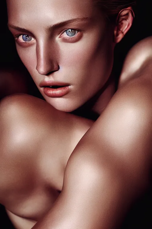 Image similar to female supermodel with amazing skin, beauty shot, beautiful detailed intricate insanely detailed octane render, 8K artistic photography, photorealistic, chiaroscuro, by annie leibovitz, Caravaggio