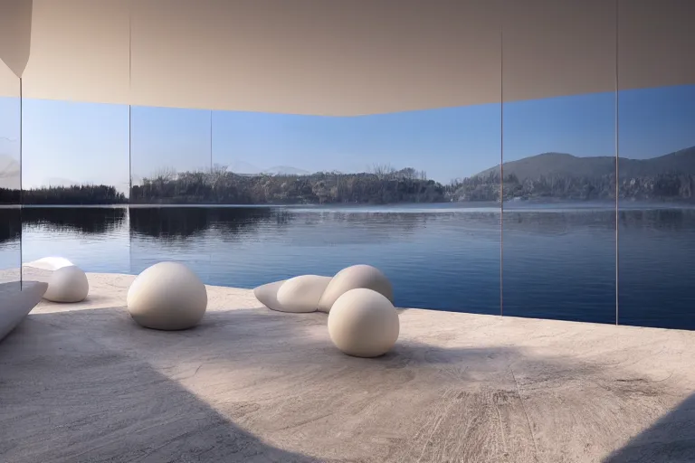 Image similar to pierre cardin's architecture is formed by the intersection of many white egg shaped spherical spaces. on the calm lake surface, people's perspective, future, interior wood, marble, award winning, highly detailed 4 k art, dusk, unreal engine highly rendered, global illumination, radial light, internal environment