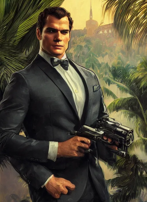 Image similar to portrait of henry cavill as james bond, key art, palm trees, vintage aston martin, highly detailed, digital painting, artstation, concept art, cinematic lighting, sharp focus, illustration, by gaston bussiere alphonse mucha