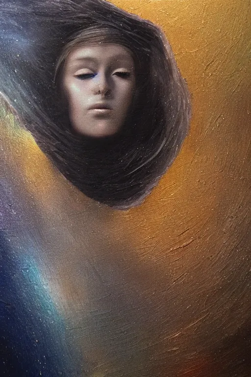 Image similar to hyperrealism oil painting, close - up portrait of caucasian medieval fashion model, knight, steel gradient mixed with nebula sky, in style of baroque mixed with 7 0 s japan book art