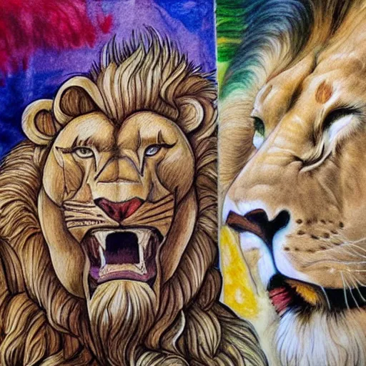 Image similar to hyper realistic, and detailed art, incrinate, baroque, aesthetic, watercolour pencil, hercules vs crimea lion, with pop art style