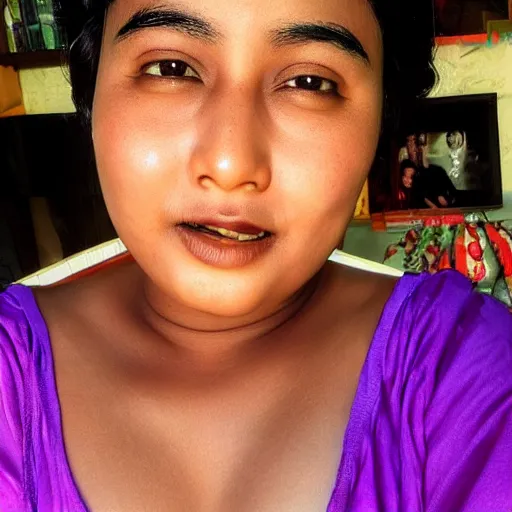 Image similar to zi di had a head of curvy black hair, and her wheat coloured skin glistened with sweat, giving her a delicate appearance. her features were defined, and she had a beautiful smile beyond the ordinary. the most attractive part of her was her big, purple eyes, shining like clear amethyst.