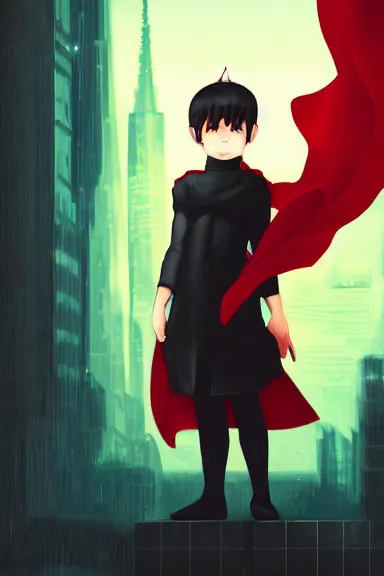 Image similar to little boy with cat ears in an black outfit with red cape. digital artwork made by lois van baarle and kentaro miura, sharpness focus, inspired by hirohiko araki, anatomically correct, heroic composition, hero pose, smooth, night cyberpunk city