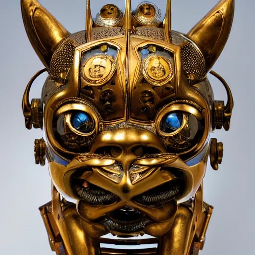 Image similar to masterpiece sculpture of an ornate mechanical robot cat head, by annie swynnerton and diego rivera and nicholas roerich and jean delville, symbolist, dramatic lighting, god rays, elaborate geometric ornament, art brut, soft colors, smooth, sharp focus, extremely detailed, adolf wolfli and ( donato giancola )