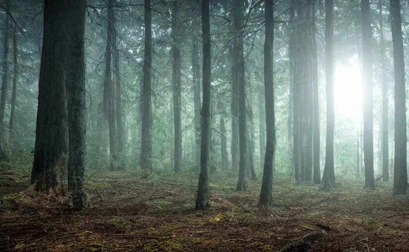 Image similar to dense dead forest with glowing orbs