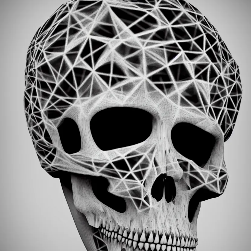 Image similar to black and white light 3D geometry, skull, matte bright highly detailed, poetic, 3D render, digital art, octane render, 8K artistic photography, photo-realistic, by Dora Maar