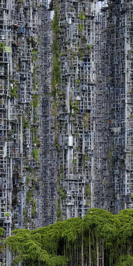 Prompt: a high contrast elevational photo by Andreas Gursky of tall deep futuristic mixed-use towers emerging out of the ground. The rusty industrial towers are made of metal scaffolding and multicolored tarps. The mossy towers are covered with trees and ferns growing from scaffolding, floors, and balconies. The towers are bundled very close together and stand straight and tall. The towers have 100 floors with deep balconies and hanging plants. Cinematic composition, volumetric lighting, foggy morning light, architectural photography, 8k, megascans, vray.