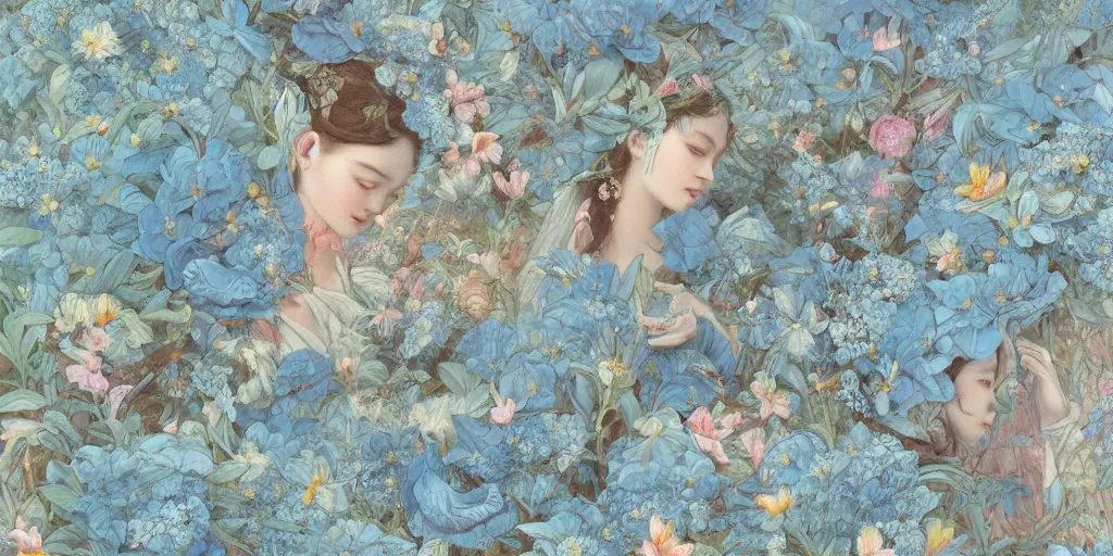 Image similar to breathtaking detailed concept art painting vintage illustration pattern of goddesses of light blue flowers with anxious piercing eyes and blend of flowers and fruits and birds, by hsiao - ron cheng and beto val and john james audubon, bizarre compositions, exquisite detail, extremely moody lighting, 8 k