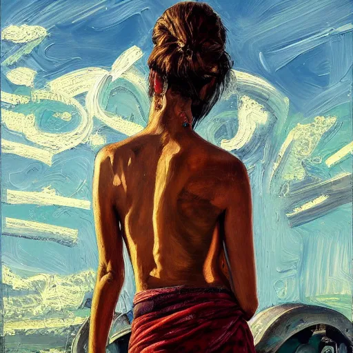 Image similar to beautiful detailed painting of a gypsy standing beside a broken tank at magic hour in the style of lucian freud, concept art, as seen on artstation, wide shot