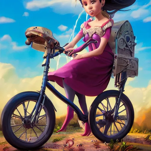 Prompt: an epic fantasy comic book style portrait painting of ariana grande on a tricycle, character design by mark ryden and pixar and hayao miyazaki, unreal 5, daz, hyperrealistic, octane render, cosplay, rpg portrait, dynamic lighting, intricate detail, summer vibrancy, cinematic