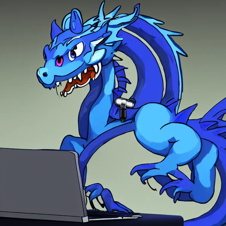 Prompt: an anthropomorphic male blue dragon wearing headphones making music on his laptop, deviantart, furry art, highly detailed, 8k