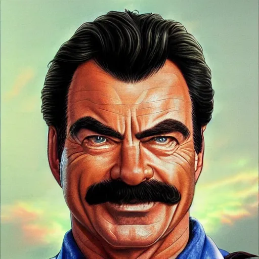 Prompt: ultra realistic portrait painting of tom selleck, art by akira toriyama, 4 k, dragon ball artstyle, cel shaded, highly detailed, epic lighting