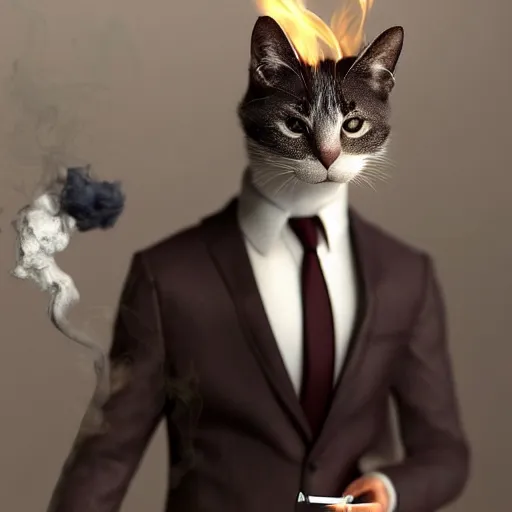 Image similar to a high quality photo of a cat wearing a suit and smoking, render, ultra realistic, cgsociety