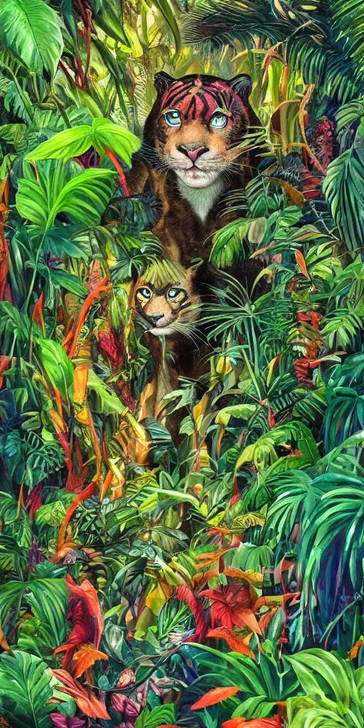 Prompt: deep in the jungle with exotic plant life, colorful tropical plants, natural botanical gardens, vines along the jungle floor, a panthers eyes staring at the camera, acrylic painting by hannah yata, artstation, concept art, award winning,