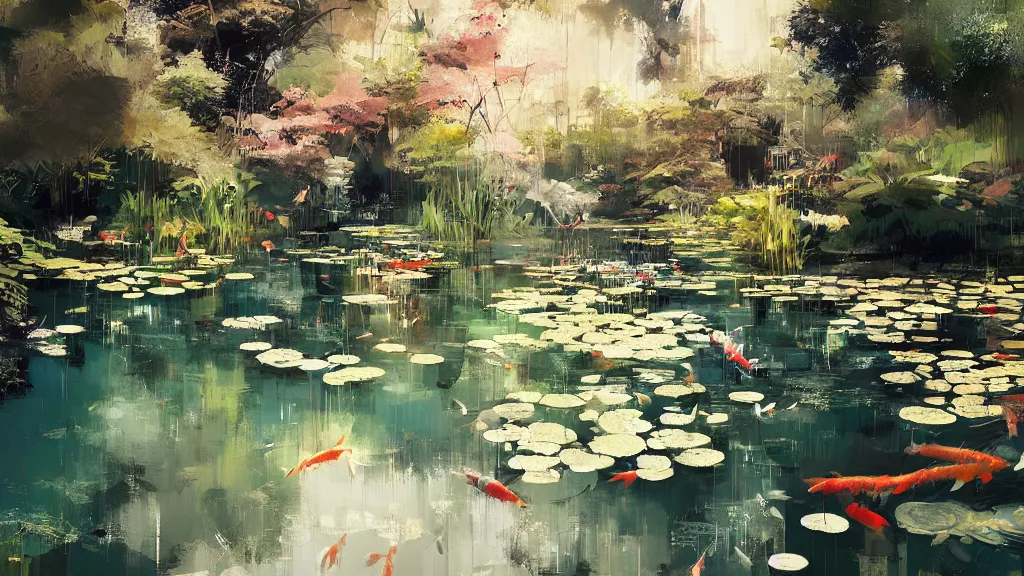 Prompt: painting of a koi pond, trending on artstation, masterpiece by ismail inceoglu