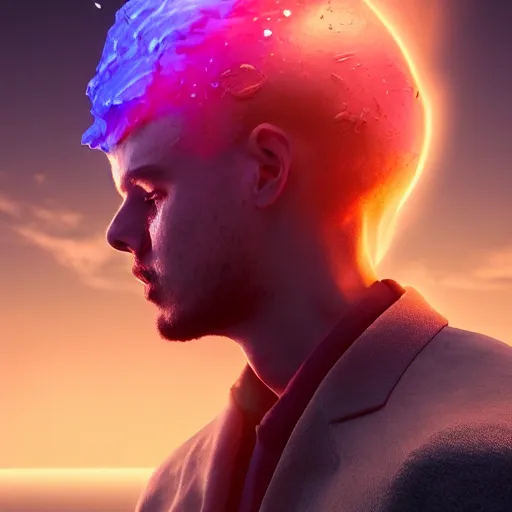 Image similar to sideways portrait of man's head vaporizing, trippy colorful vivid sky, andrew chiampo, artstation, frederik heyman, extremely detailed, stunning volumetric lighting, fantasy, hyperrealism, 3 d render, octane render, unreal engine, fantasy, intricate detail, 4 k, futuristic, sharp focus, smooth