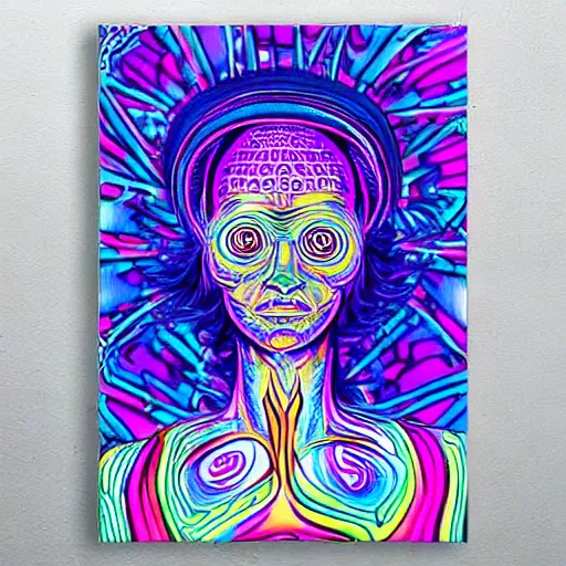 Image similar to Terence McKenna reincarnated as a magic mushroom. in style of Alex Grey, detailed, blacklight poster