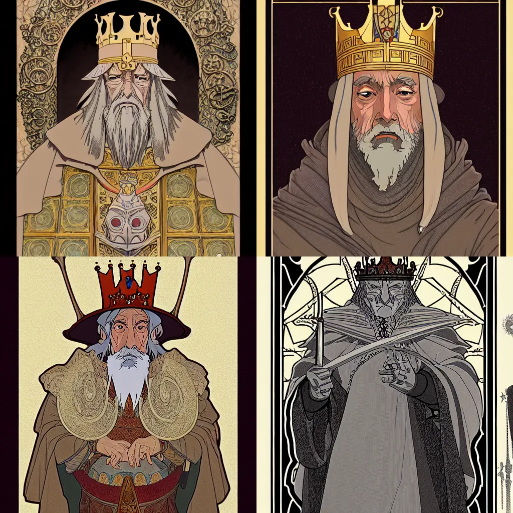 Prompt: portrait of a medieval old king, elegant, highly detailed, smooth, art by studio ghibli! and moebius and jean giraud and alphonse mucha and fujita goro and tom whalen, artstation, 8 k