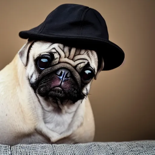 Prompt: a gentleman pug wearing a black jacket and a cap, art station