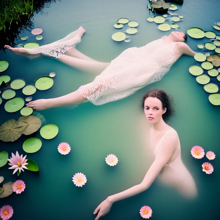 Prompt: Kodak Portra 400, 8K, soft light, volumetric lighting, highly detailed, britt marling style 3/4 of a woman floating in water surrounded by lily pads, half face in the water, julie dillon, a beautiful lace dress and hair are intricate with highly detailed realistic beautiful flowers , Realistic, Refined, Highly Detailed, natural outdoor soft pastel lighting colors scheme, outdoor fine art photography, Hyper realistic, photo realistic