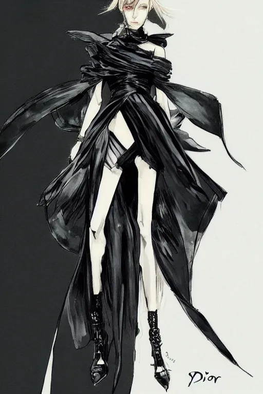 Image similar to dior haute couture dress, concept art, dark colors, high end fashion, style by yoji shinkawa, full body shot