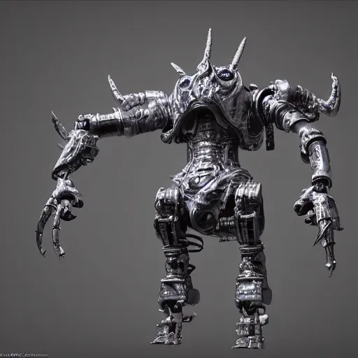 Image similar to futuristic robot demon. eldenring boss, zbrush, arnold render, unrealengine 5, dark souls, horror, extremely detailed