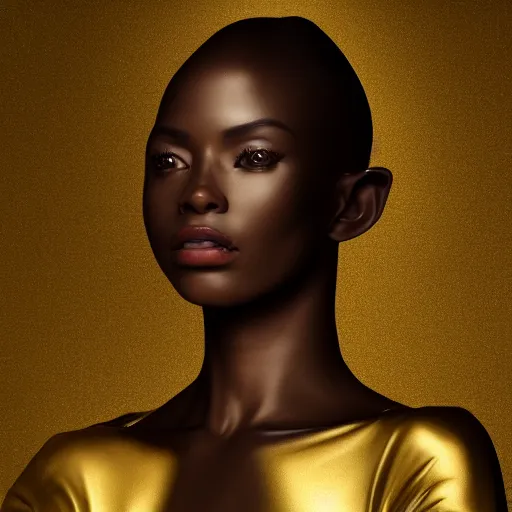 Image similar to Tall brown-skin elf woman, in elegant black and gold textured robes. Symmetrical facial features. Naturally proportioned body. 8k Intricate detail. Mid body shot. Mystical. Photorealism. Golden ratio. Octane rendering,